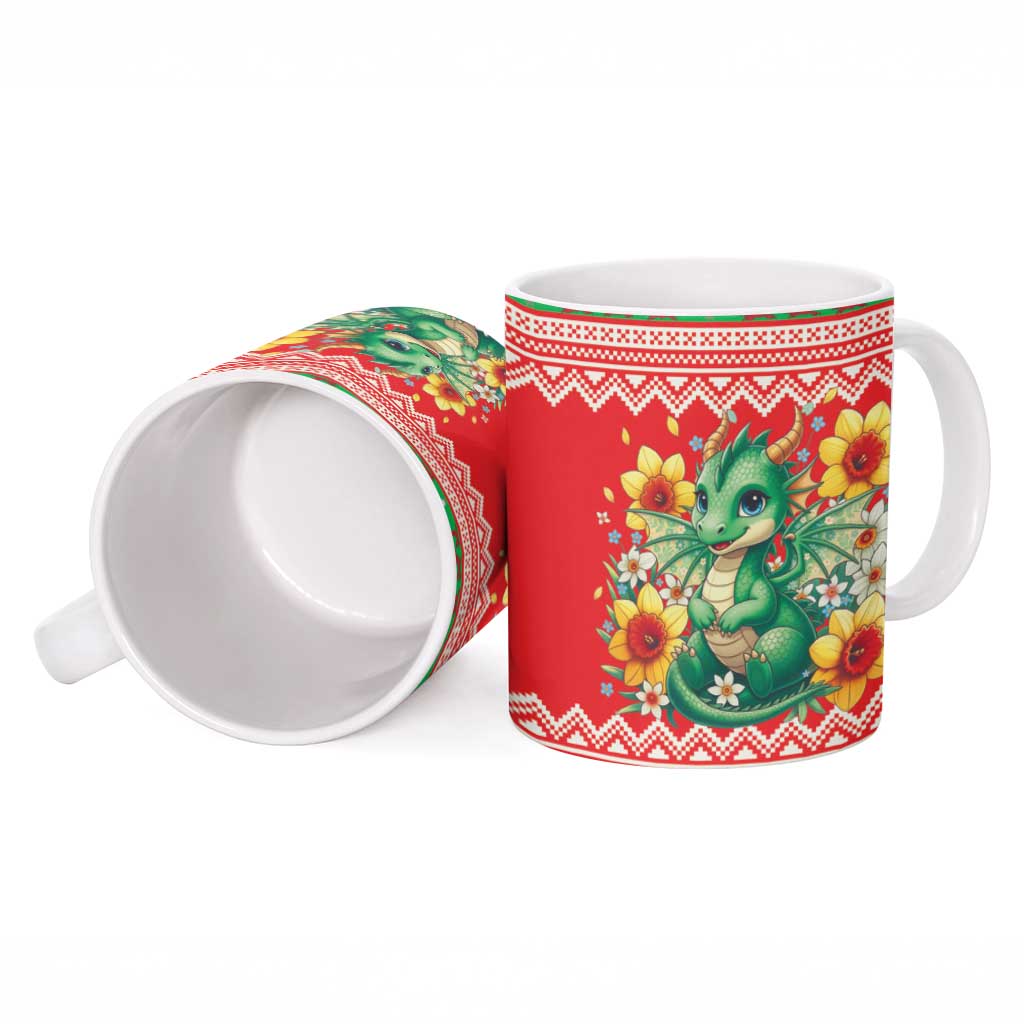 Wales Christmas Ceramic Mug Cute Green Welsh Dragon and Daffodils - Wonder Print Shop