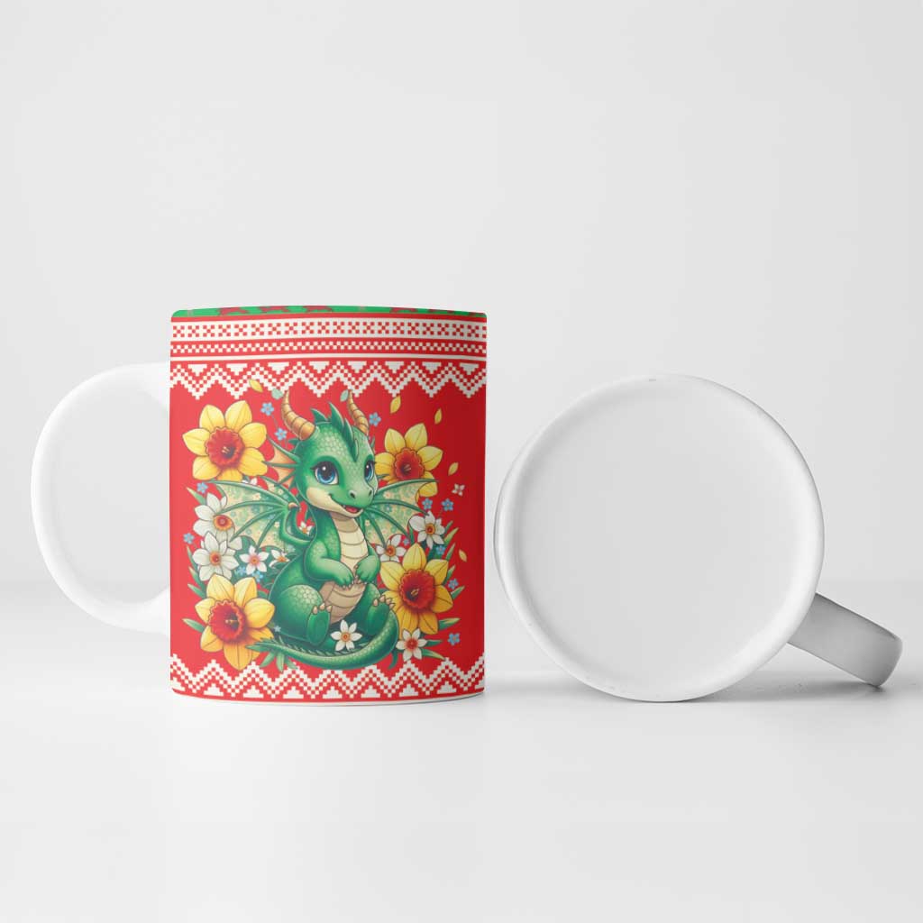 Wales Christmas Ceramic Mug Cute Green Welsh Dragon and Daffodils - Wonder Print Shop