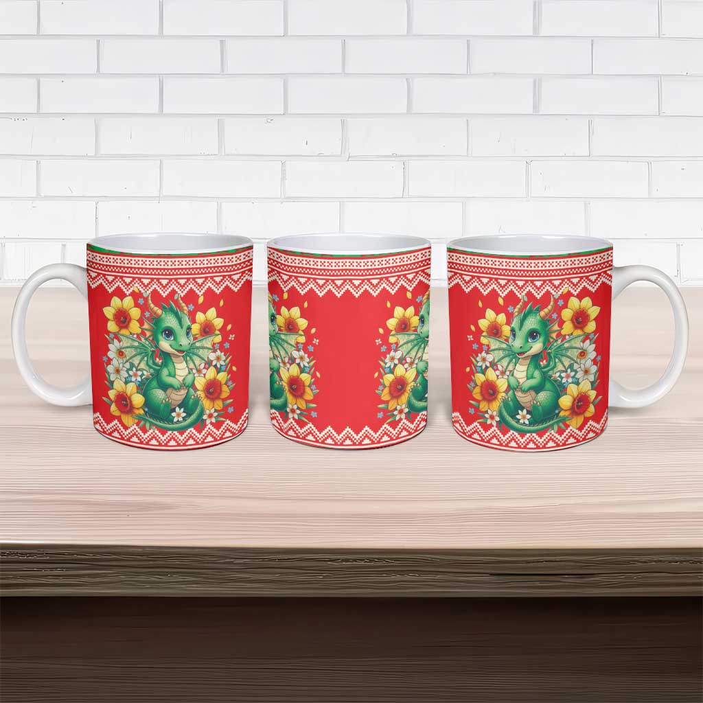 Wales Christmas Ceramic Mug Cute Green Welsh Dragon and Daffodils - Wonder Print Shop