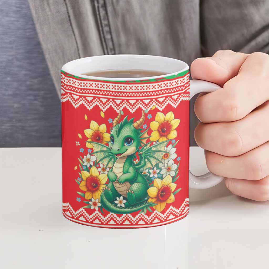 Wales Christmas Ceramic Mug Cute Green Welsh Dragon and Daffodils - Wonder Print Shop