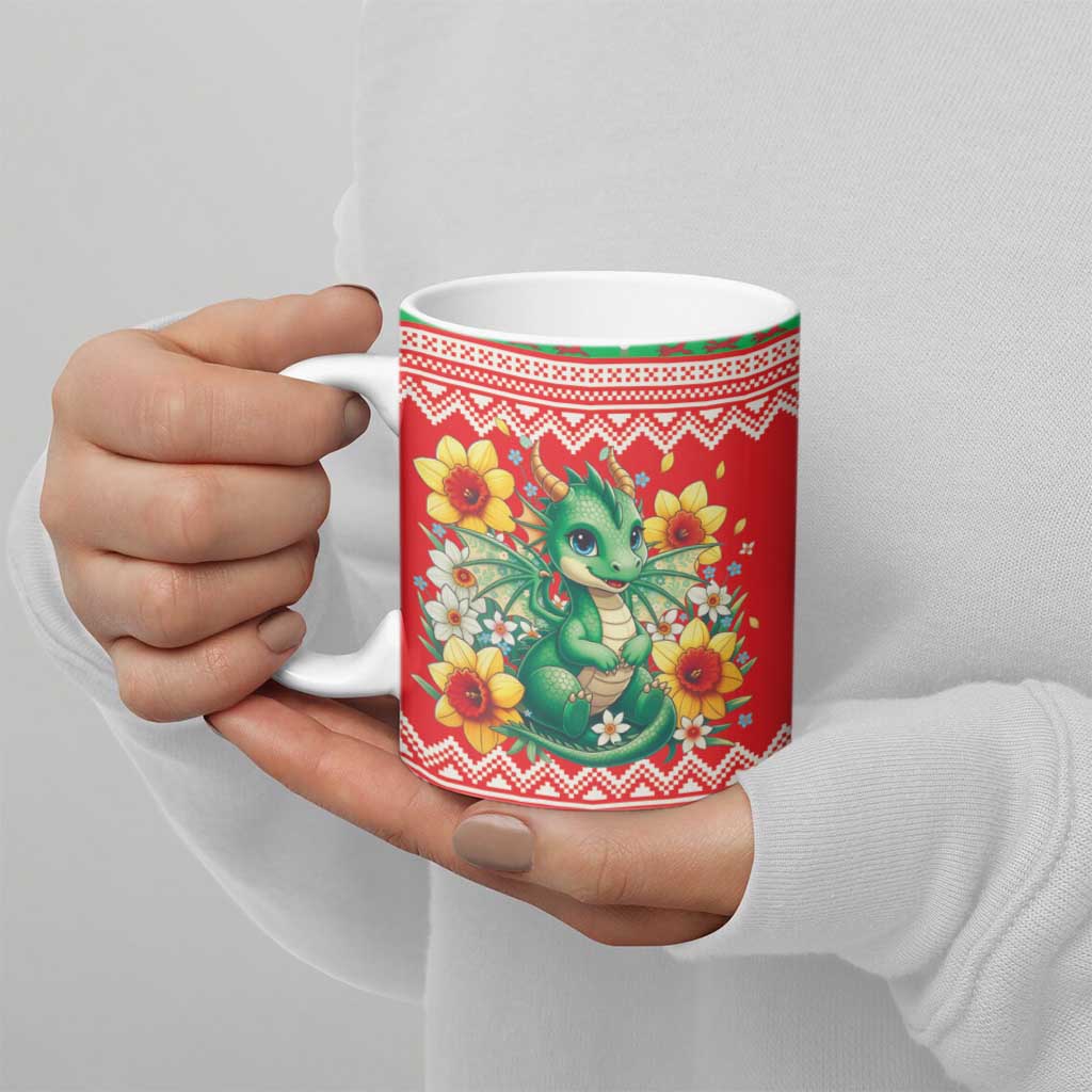 Wales Christmas Ceramic Mug Cute Green Welsh Dragon and Daffodils - Wonder Print Shop