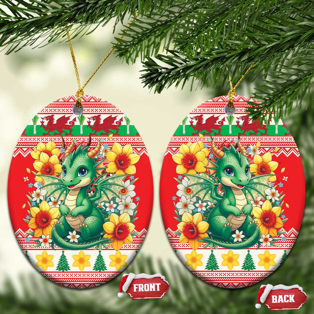 Wales Christmas Ceramic Ornament Cute Green Welsh Dragon and Daffodils - Wonder Print Shop