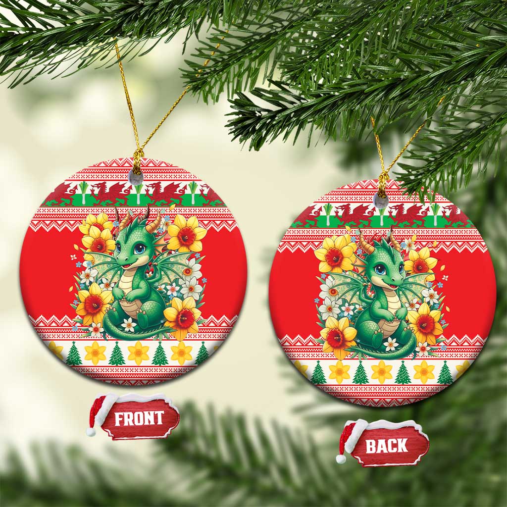 Wales Christmas Ceramic Ornament Cute Green Welsh Dragon and Daffodils - Wonder Print Shop