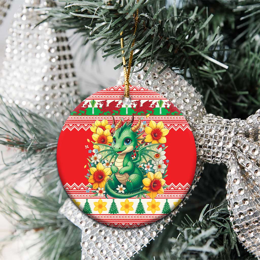 Wales Christmas Ceramic Ornament Cute Green Welsh Dragon and Daffodils - Wonder Print Shop