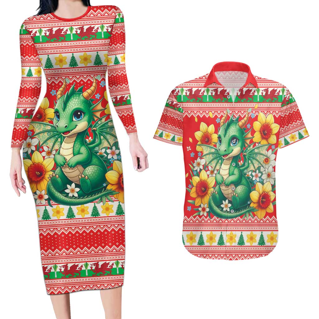 Wales Christmas Couples Matching Long Sleeve Bodycon Dress and Hawaiian Shirt Cute Green Welsh Dragon and Daffodils - Wonder Print Shop
