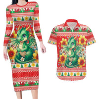 Wales Christmas Couples Matching Long Sleeve Bodycon Dress and Hawaiian Shirt Cute Green Welsh Dragon and Daffodils - Wonder Print Shop