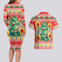 Wales Christmas Couples Matching Long Sleeve Bodycon Dress and Hawaiian Shirt Cute Green Welsh Dragon and Daffodils - Wonder Print Shop