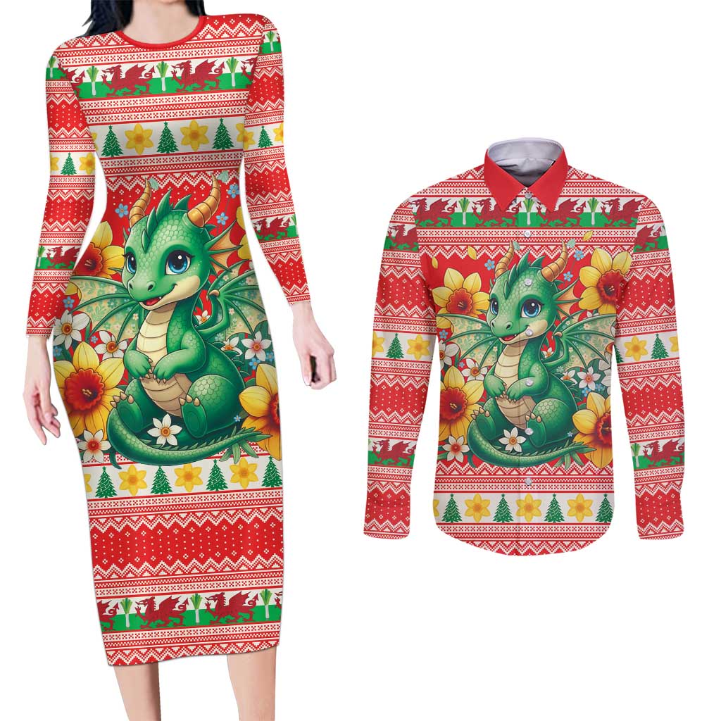 Wales Christmas Couples Matching Long Sleeve Bodycon Dress and Long Sleeve Button Shirt Cute Green Welsh Dragon and Daffodils - Wonder Print Shop
