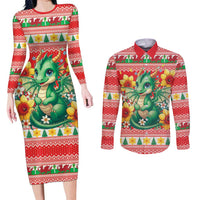 Wales Christmas Couples Matching Long Sleeve Bodycon Dress and Long Sleeve Button Shirt Cute Green Welsh Dragon and Daffodils - Wonder Print Shop