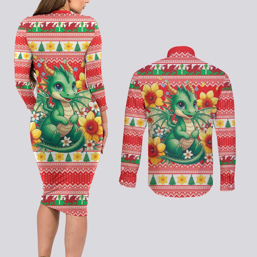 Wales Christmas Couples Matching Long Sleeve Bodycon Dress and Long Sleeve Button Shirt Cute Green Welsh Dragon and Daffodils - Wonder Print Shop