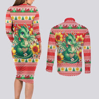 Wales Christmas Couples Matching Long Sleeve Bodycon Dress and Long Sleeve Button Shirt Cute Green Welsh Dragon and Daffodils - Wonder Print Shop