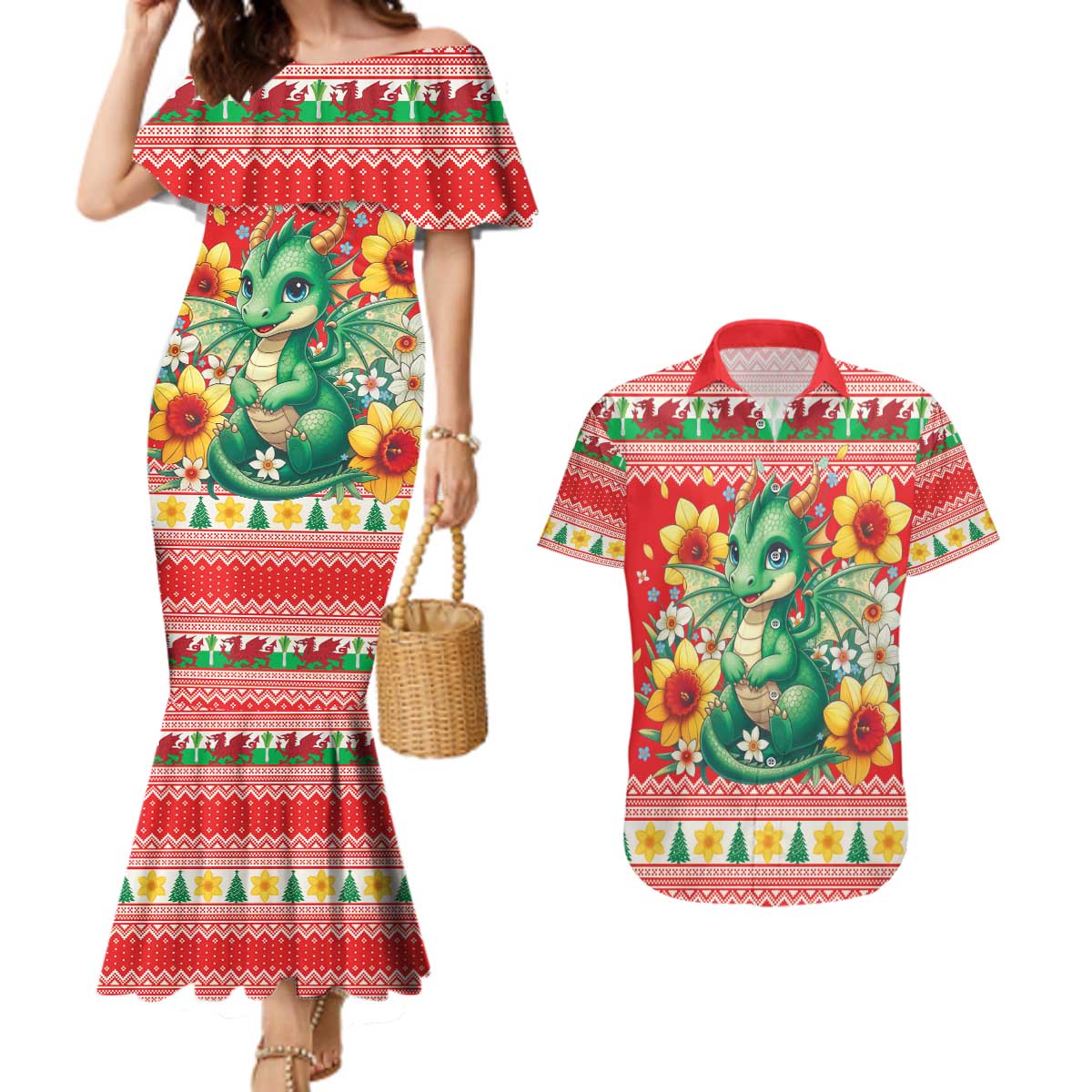 Wales Christmas Couples Matching Mermaid Dress and Hawaiian Shirt Cute Green Welsh Dragon and Daffodils - Wonder Print Shop