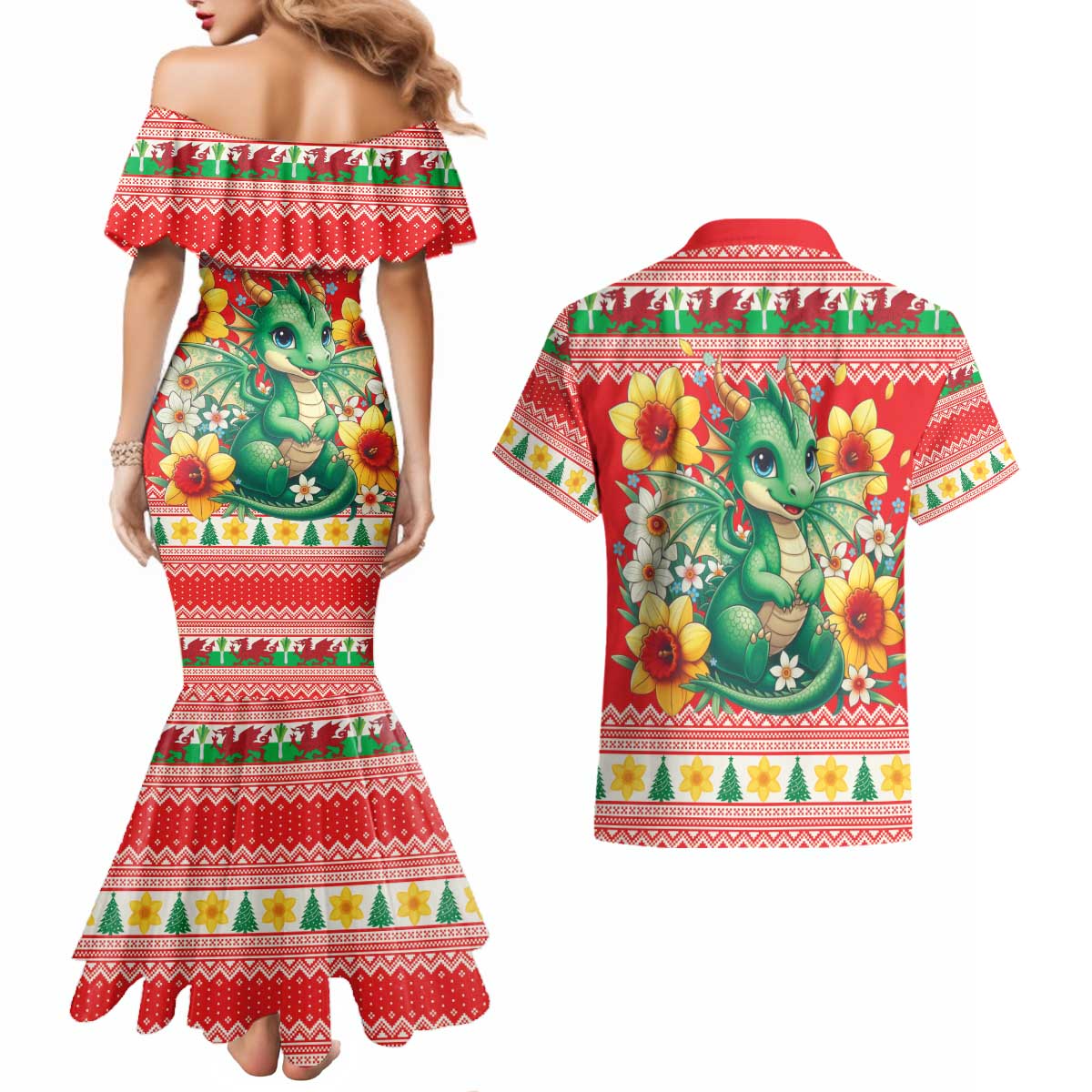 Wales Christmas Couples Matching Mermaid Dress and Hawaiian Shirt Cute Green Welsh Dragon and Daffodils - Wonder Print Shop