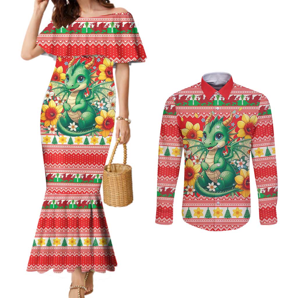 Wales Christmas Couples Matching Mermaid Dress and Long Sleeve Button Shirt Cute Green Welsh Dragon and Daffodils - Wonder Print Shop