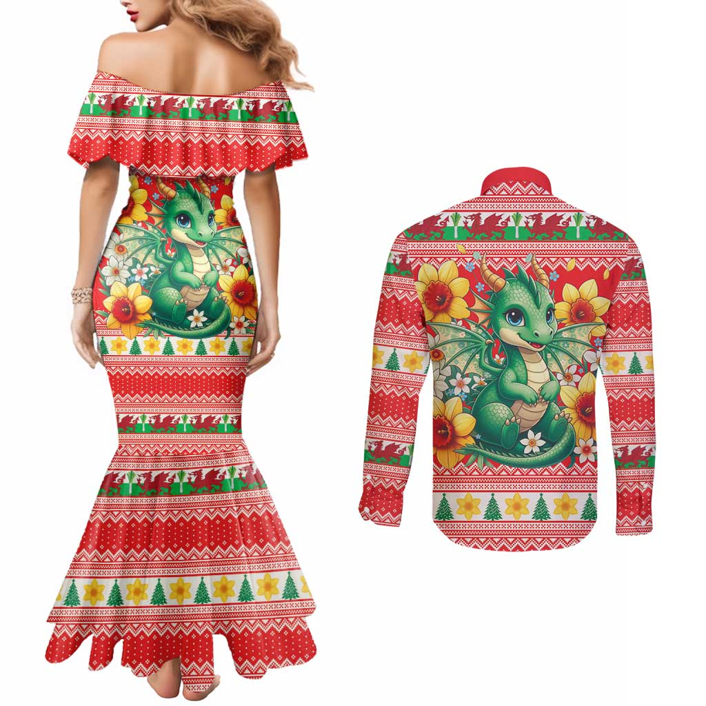Wales Christmas Couples Matching Mermaid Dress and Long Sleeve Button Shirt Cute Green Welsh Dragon and Daffodils - Wonder Print Shop