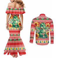 Wales Christmas Couples Matching Mermaid Dress and Long Sleeve Button Shirt Cute Green Welsh Dragon and Daffodils - Wonder Print Shop