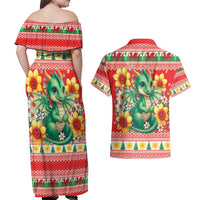 Wales Christmas Couples Matching Off Shoulder Maxi Dress and Hawaiian Shirt Cute Green Welsh Dragon and Daffodils - Wonder Print Shop