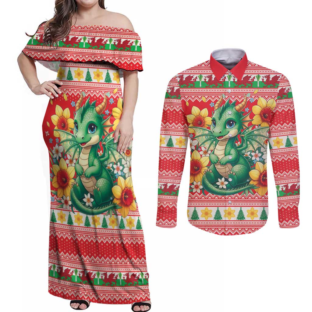 Wales Christmas Couples Matching Off Shoulder Maxi Dress and Long Sleeve Button Shirt Cute Green Welsh Dragon and Daffodils - Wonder Print Shop