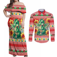 Wales Christmas Couples Matching Off Shoulder Maxi Dress and Long Sleeve Button Shirt Cute Green Welsh Dragon and Daffodils - Wonder Print Shop