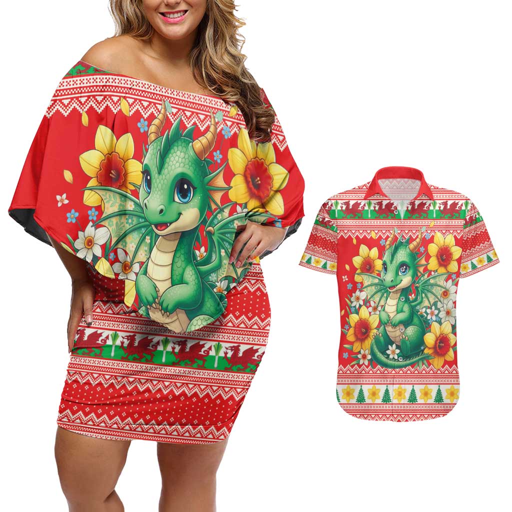 Wales Christmas Couples Matching Off Shoulder Short Dress and Hawaiian Shirt Cute Green Welsh Dragon and Daffodils - Wonder Print Shop