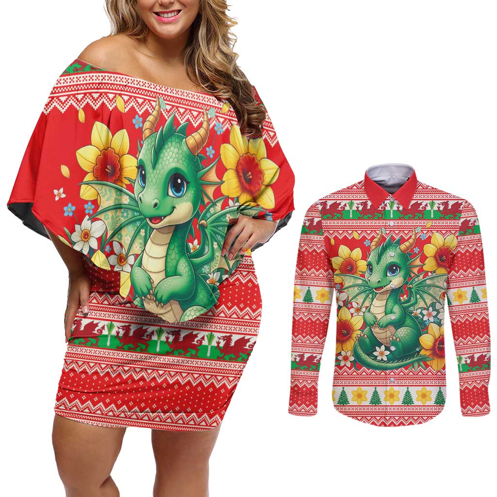Wales Christmas Couples Matching Off Shoulder Short Dress and Long Sleeve Button Shirt Cute Green Welsh Dragon and Daffodils - Wonder Print Shop