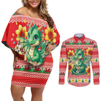 Wales Christmas Couples Matching Off Shoulder Short Dress and Long Sleeve Button Shirt Cute Green Welsh Dragon and Daffodils - Wonder Print Shop