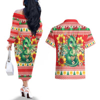 Wales Christmas Couples Matching Off The Shoulder Long Sleeve Dress and Hawaiian Shirt Cute Green Welsh Dragon and Daffodils - Wonder Print Shop