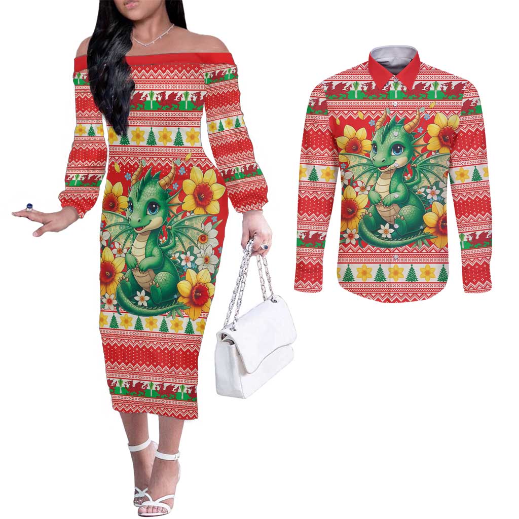 Wales Christmas Couples Matching Off The Shoulder Long Sleeve Dress and Long Sleeve Button Shirt Cute Green Welsh Dragon and Daffodils - Wonder Print Shop