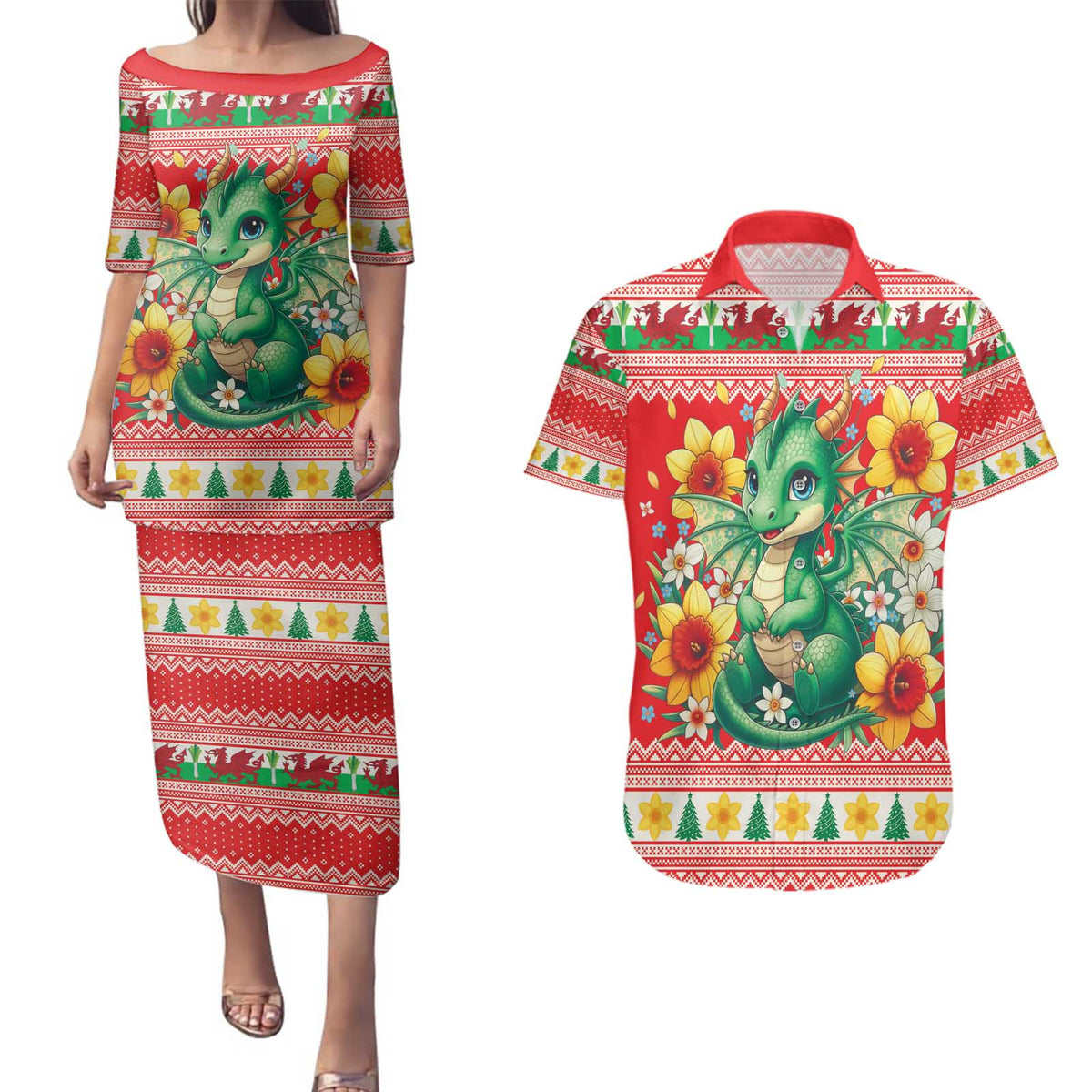 Wales Christmas Couples Matching Puletasi and Hawaiian Shirt Cute Green Welsh Dragon and Daffodils - Wonder Print Shop