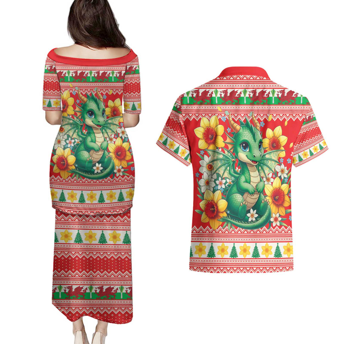 Wales Christmas Couples Matching Puletasi and Hawaiian Shirt Cute Green Welsh Dragon and Daffodils - Wonder Print Shop