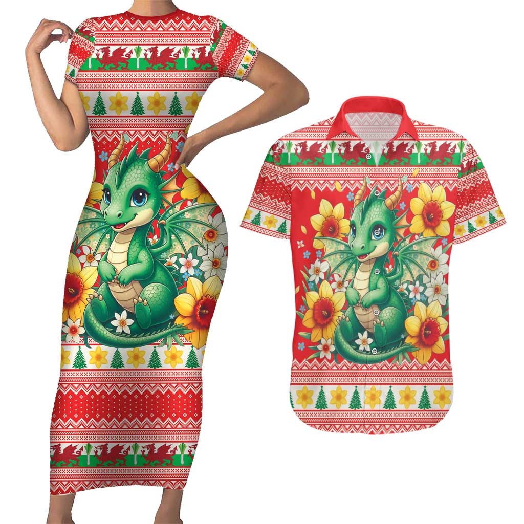 Wales Christmas Couples Matching Short Sleeve Bodycon Dress and Hawaiian Shirt Cute Green Welsh Dragon and Daffodils - Wonder Print Shop