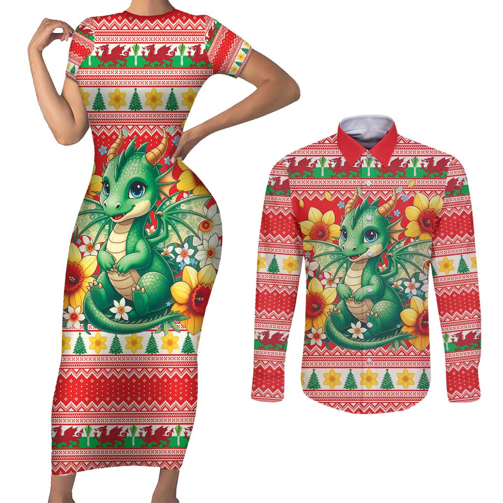 Wales Christmas Couples Matching Short Sleeve Bodycon Dress and Long Sleeve Button Shirt Cute Green Welsh Dragon and Daffodils - Wonder Print Shop