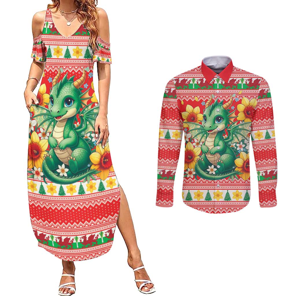 Wales Christmas Couples Matching Summer Maxi Dress and Long Sleeve Button Shirt Cute Green Welsh Dragon and Daffodils - Wonder Print Shop