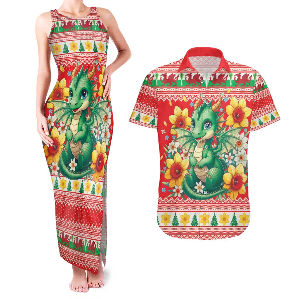 Wales Christmas Couples Matching Tank Maxi Dress and Hawaiian Shirt Cute Green Welsh Dragon and Daffodils - Wonder Print Shop
