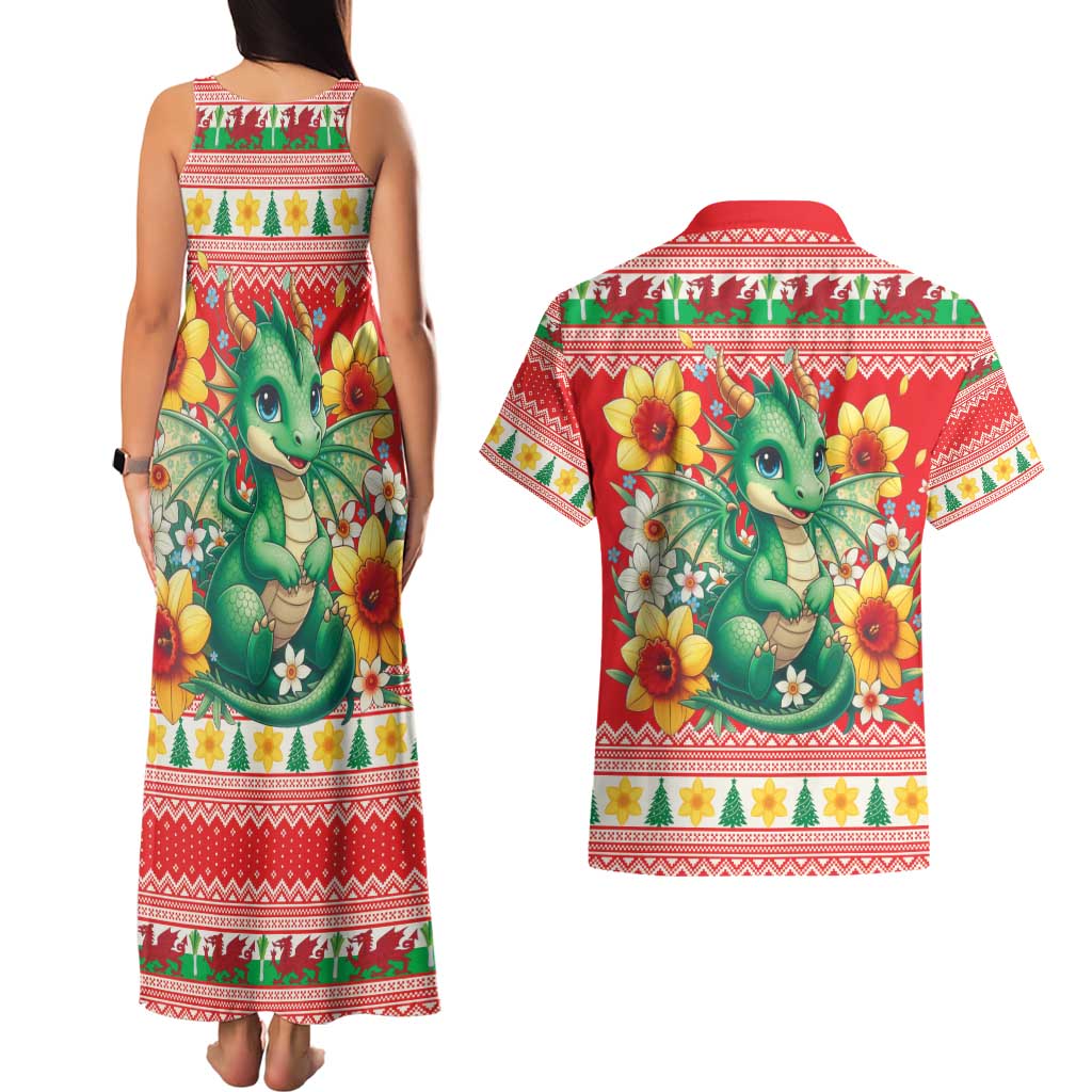 Wales Christmas Couples Matching Tank Maxi Dress and Hawaiian Shirt Cute Green Welsh Dragon and Daffodils - Wonder Print Shop