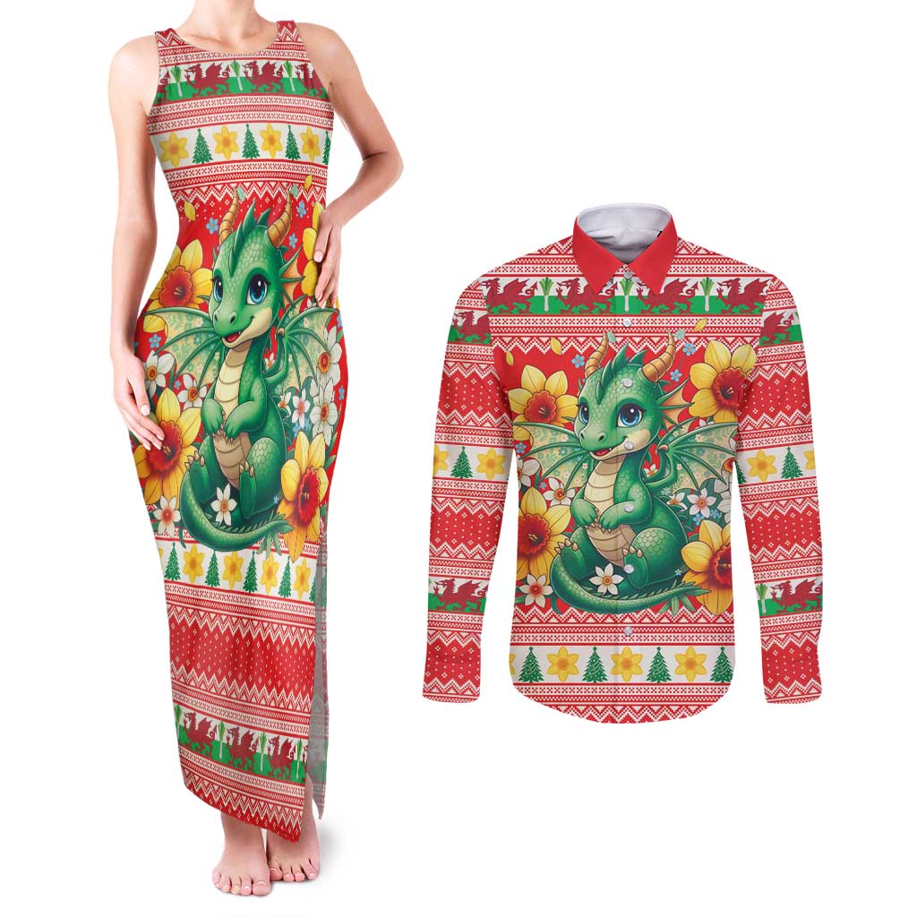 Wales Christmas Couples Matching Tank Maxi Dress and Long Sleeve Button Shirt Cute Green Welsh Dragon and Daffodils - Wonder Print Shop