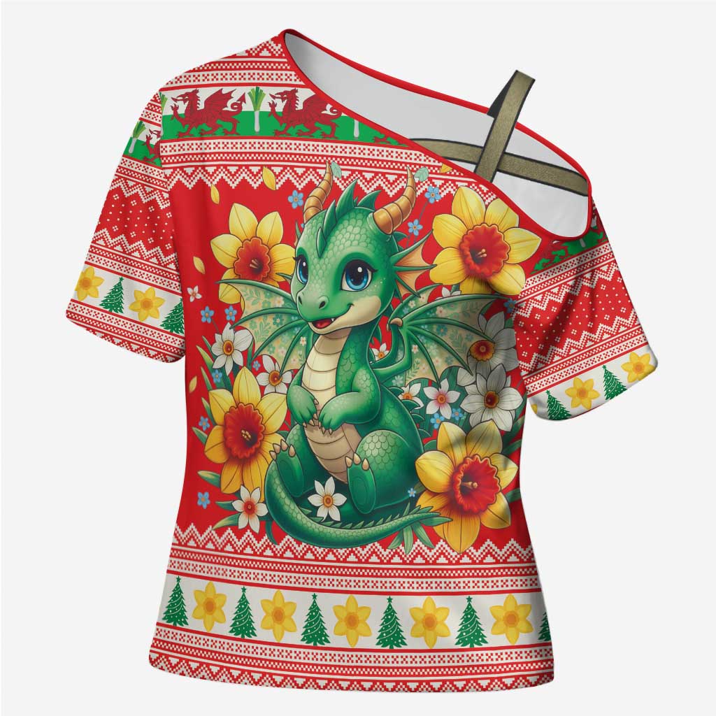 Wales Christmas Cross Shoulder Shirt Cute Green Welsh Dragon and Daffodils - Wonder Print Shop