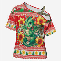 Wales Christmas Cross Shoulder Shirt Cute Green Welsh Dragon and Daffodils - Wonder Print Shop