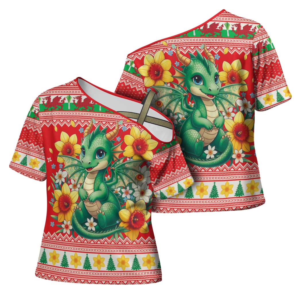 Wales Christmas Cross Shoulder Shirt Cute Green Welsh Dragon and Daffodils - Wonder Print Shop