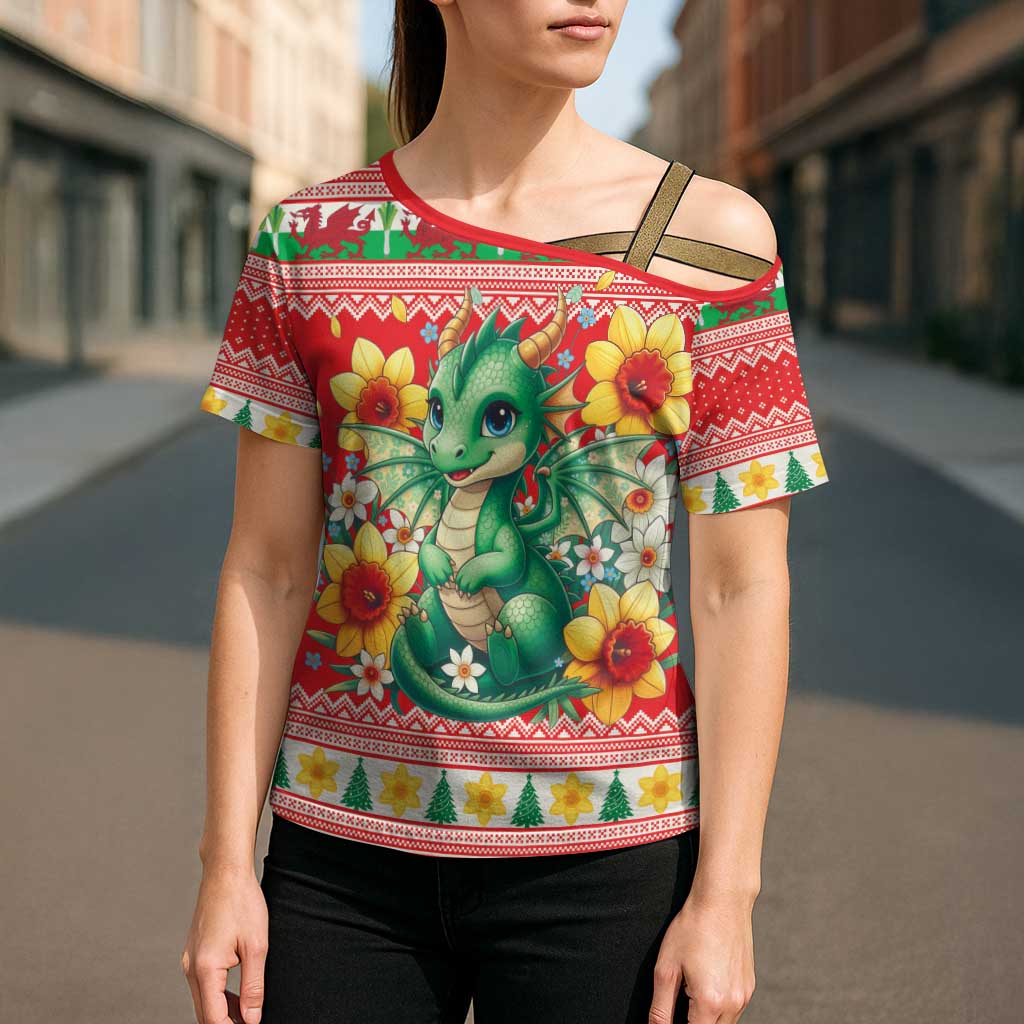 Wales Christmas Cross Shoulder Shirt Cute Green Welsh Dragon and Daffodils - Wonder Print Shop