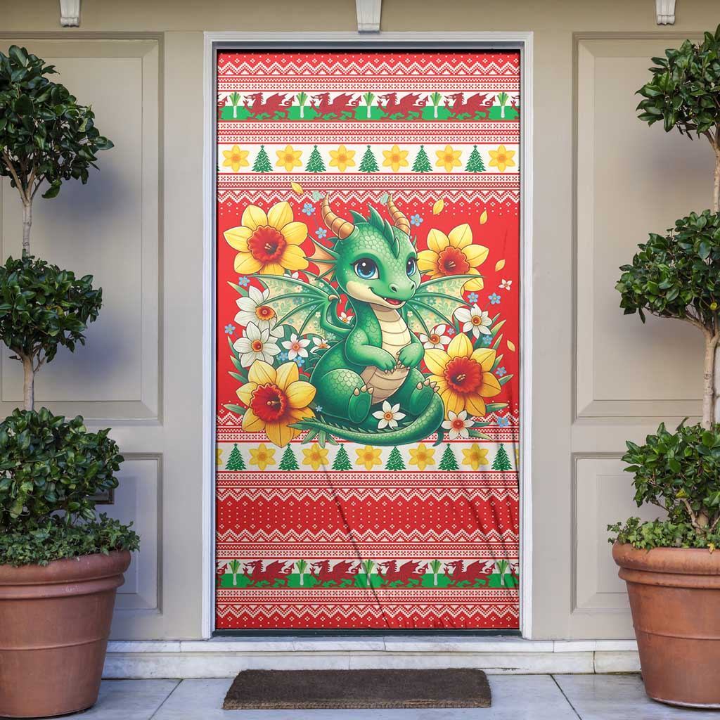 Wales Christmas Door Cover Cute Green Welsh Dragon and Daffodils - Wonder Print Shop