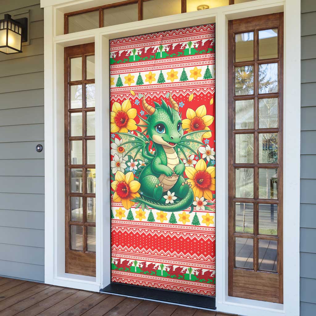 Wales Christmas Door Cover Cute Green Welsh Dragon and Daffodils - Wonder Print Shop