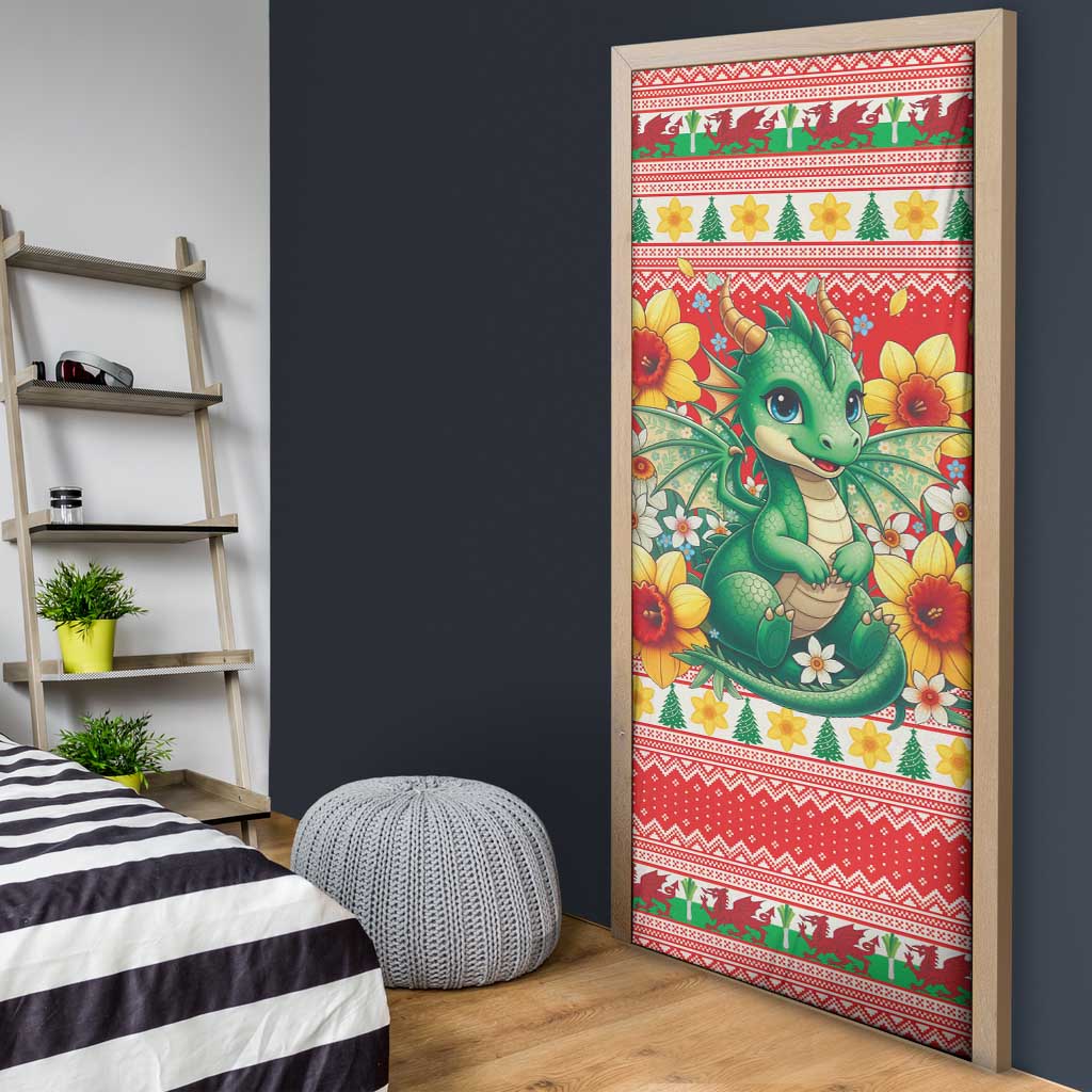 Wales Christmas Door Cover Cute Green Welsh Dragon and Daffodils - Wonder Print Shop