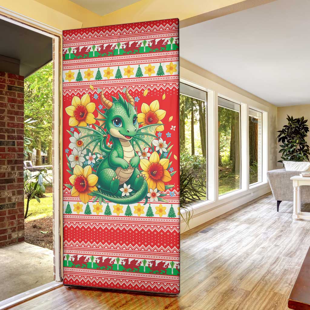 Wales Christmas Door Cover Cute Green Welsh Dragon and Daffodils - Wonder Print Shop