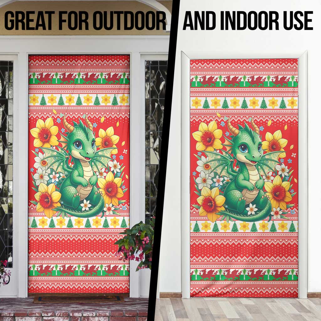 Wales Christmas Door Cover Cute Green Welsh Dragon and Daffodils - Wonder Print Shop