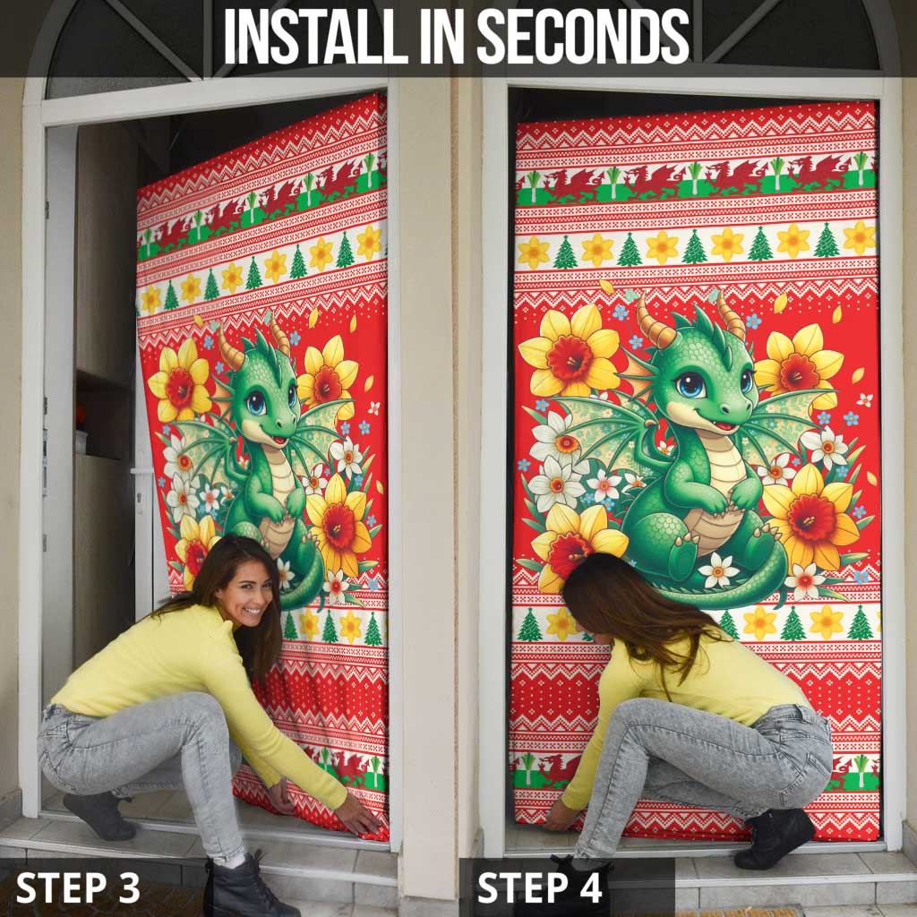 Wales Christmas Door Cover Cute Green Welsh Dragon and Daffodils - Wonder Print Shop