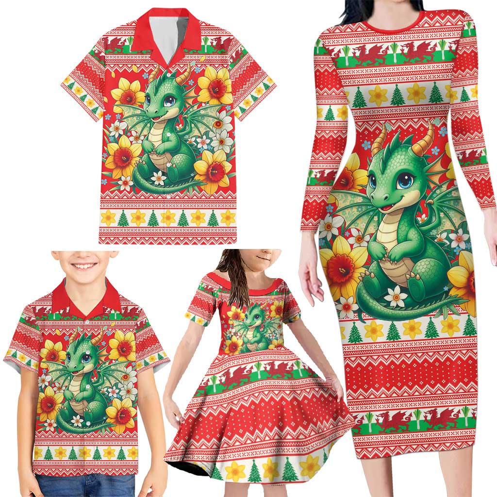 Wales Christmas Family Matching Long Sleeve Bodycon Dress and Hawaiian Shirt Cute Green Welsh Dragon and Daffodils - Wonder Print Shop