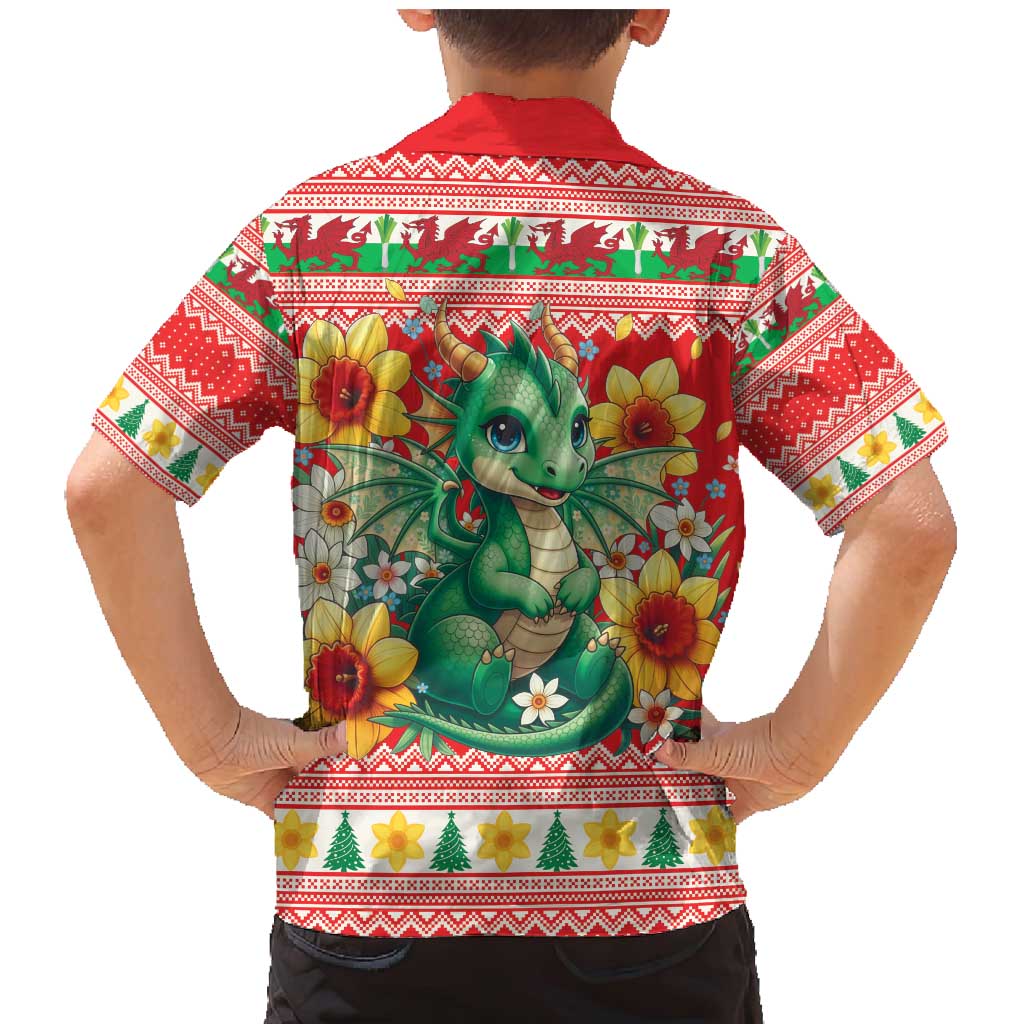 Wales Christmas Family Matching Mermaid Dress and Hawaiian Shirt Cute Green Welsh Dragon and Daffodils - Wonder Print Shop