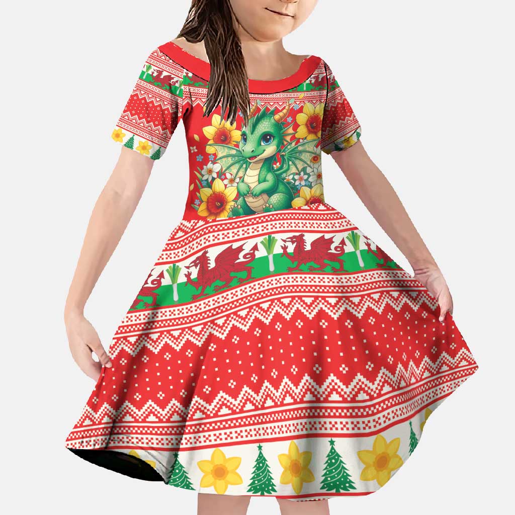 Wales Christmas Family Matching Mermaid Dress and Hawaiian Shirt Cute Green Welsh Dragon and Daffodils - Wonder Print Shop