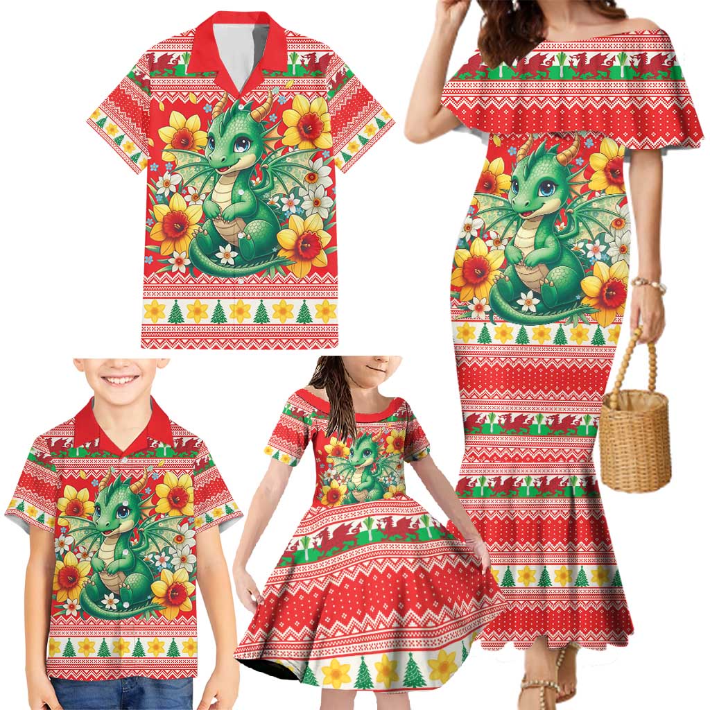 Wales Christmas Family Matching Mermaid Dress and Hawaiian Shirt Cute Green Welsh Dragon and Daffodils - Wonder Print Shop